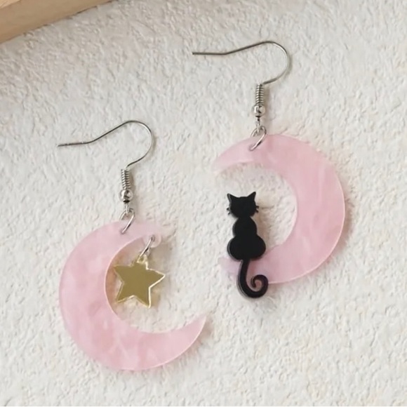 Pink Crescent Moon, Black Cat Earrings - Picture 2 of 5